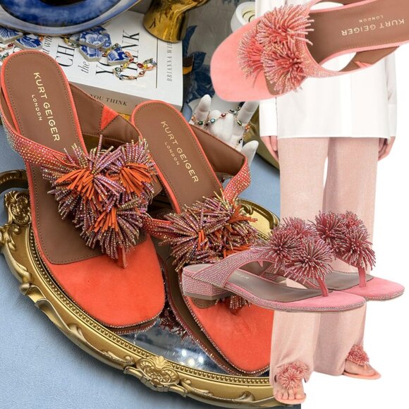 🆕 KURT GEIGER LONDON 🧿 NWOB Pom Pom T-Bar Thong Sandals, Orange - Sz 40 US 9 - Picture 1 of 16